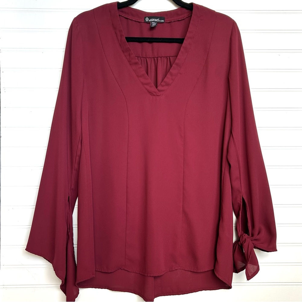 Signature studio V-neck Blouse Top Shirt Maroon Bell sleeves Tie Small